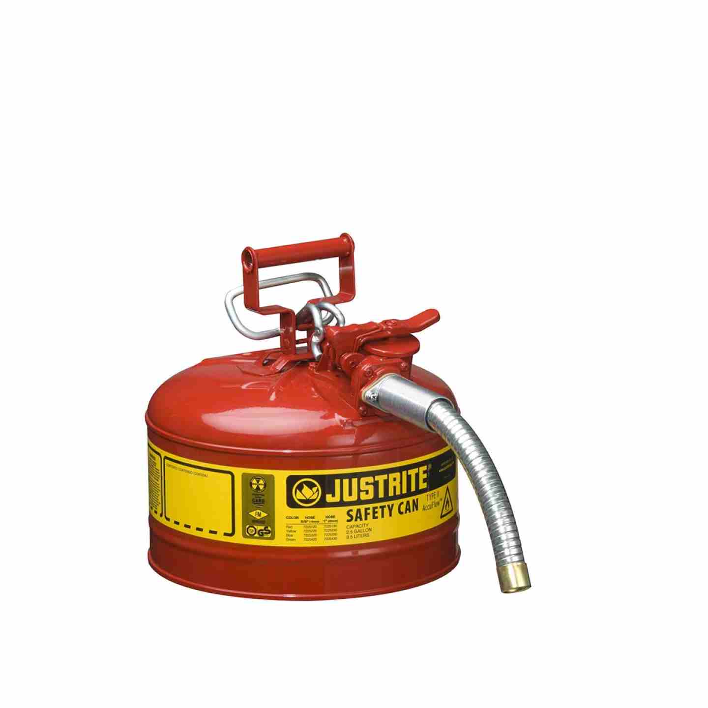 2.5 Gallon, 1" Metal Hose, Steel Safety Can for Flammables, Type II, AccuFlow™, Red  Image 1
