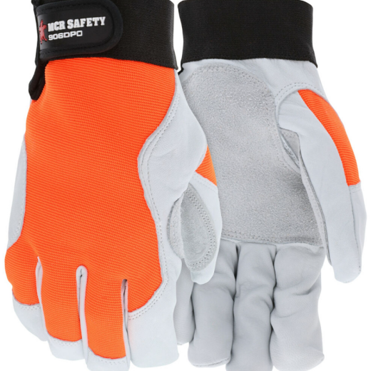 MCR Safety 906DPO Rugged Grain Goatskin with Oragne Cowhide Double Palm Mechanics Work Gloves, Large